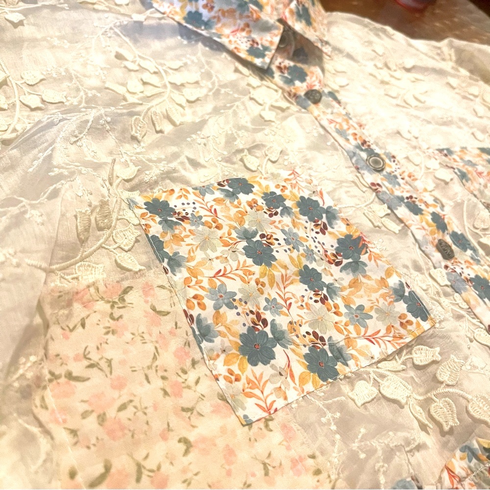 Pol Sheer Lace/Patchwork Button Down Oversized Bl… - image 5